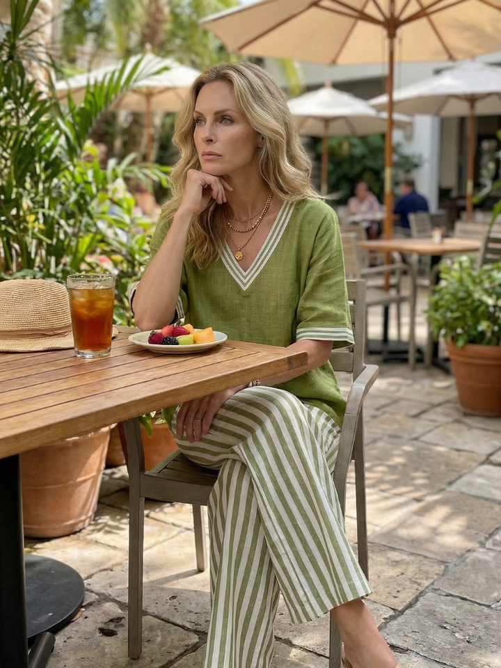 Wren | Ensemble de tunique à col en V contrasté et pantalon rayé
