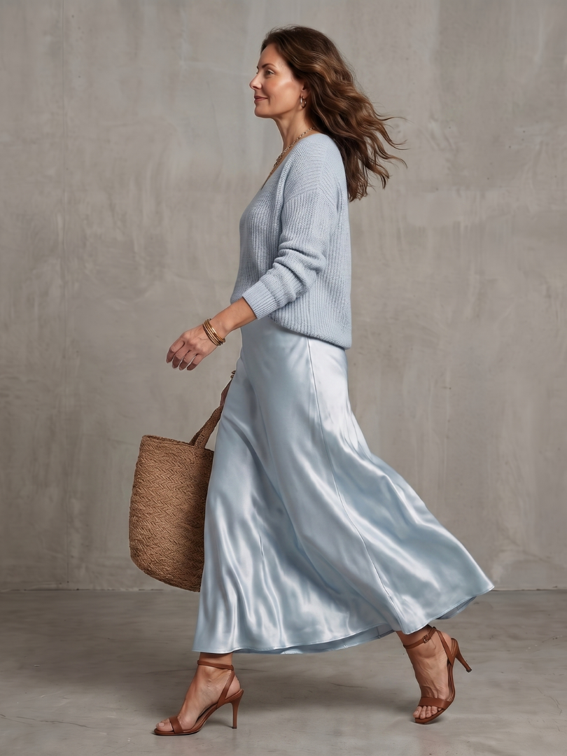 Luciana | Ensemble jupe satin biais et pull en maille