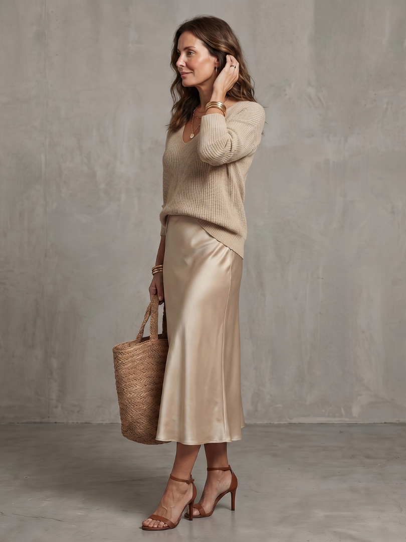 Luciana | Ensemble jupe satin biais et pull en maille