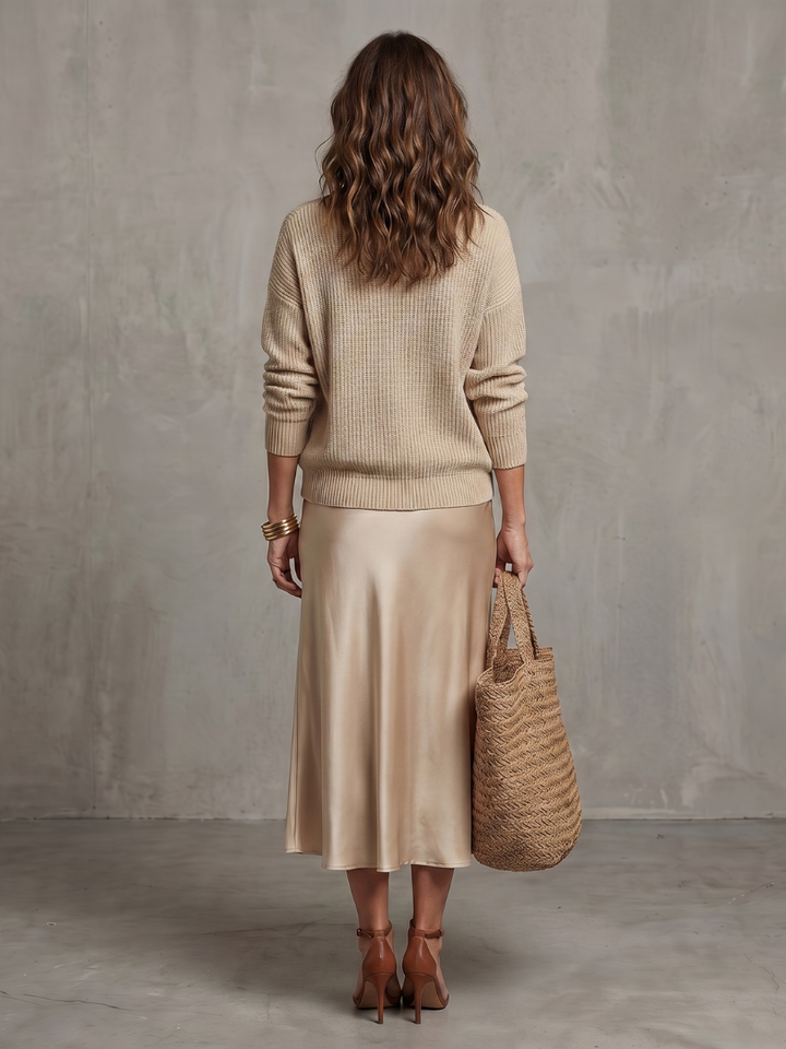 Luciana | Ensemble jupe satin biais et pull en maille
