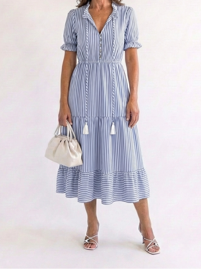 Dakota | Robe midi à manches courtes rayée à volants
