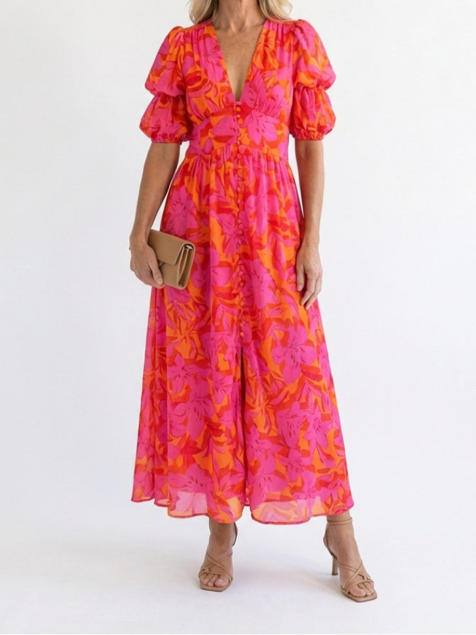 Willow | Robe Midi à Manches Bouffantes et Col V Floral