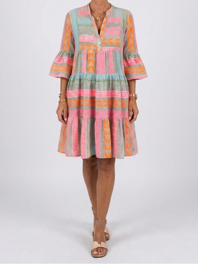 Maelle | Robe à Imprimé Géométrique avec Décolleté en V et Jupe Évasée à Longueur Genou