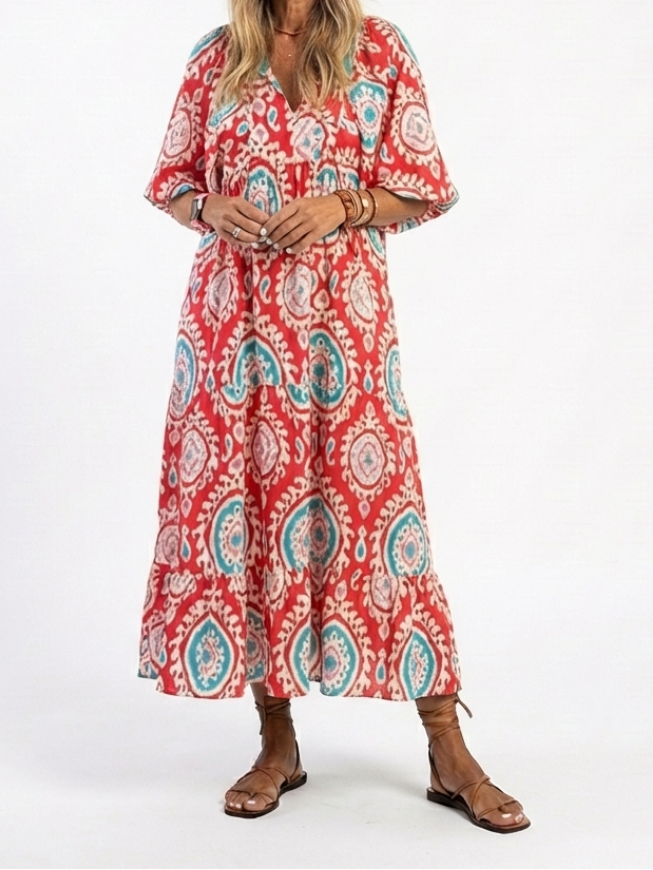 Zaria | Robe midi à manches courtes en V imprimé paisley
