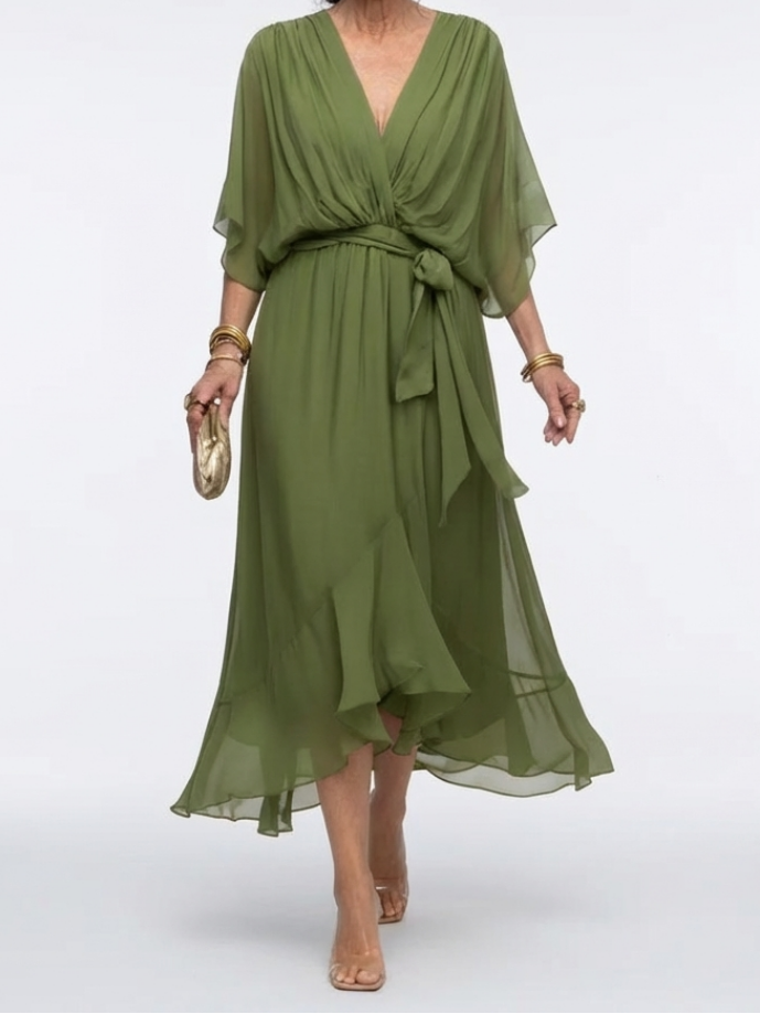 Elysia | Robe Midi Drapée à Encolure en V avec Ceinture