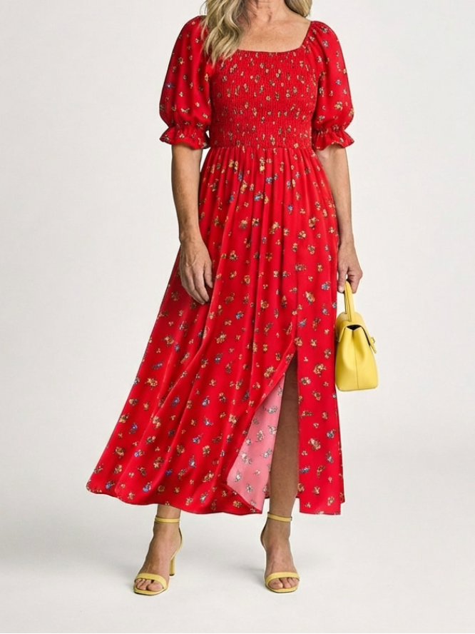 Delphine | Robe Midi à Encolure Carrée et Manches Bouffantes Fleurie