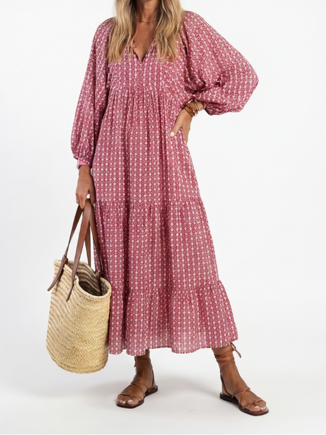 Arlette | Robe Midi à Imprimé Géométrique à Manches Longues