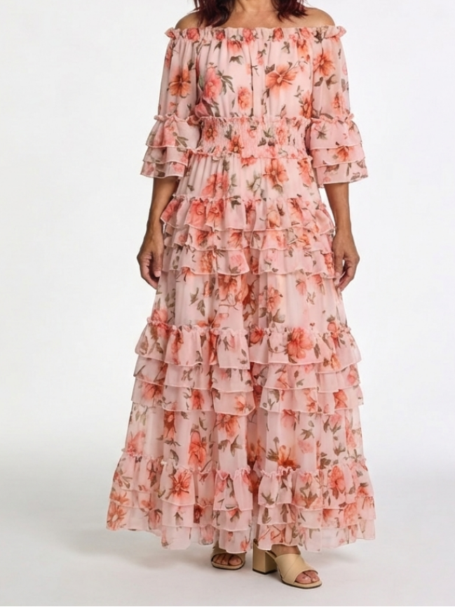 Rosalie | Robe Maxi à Volants Florale à Épaules Dénudées