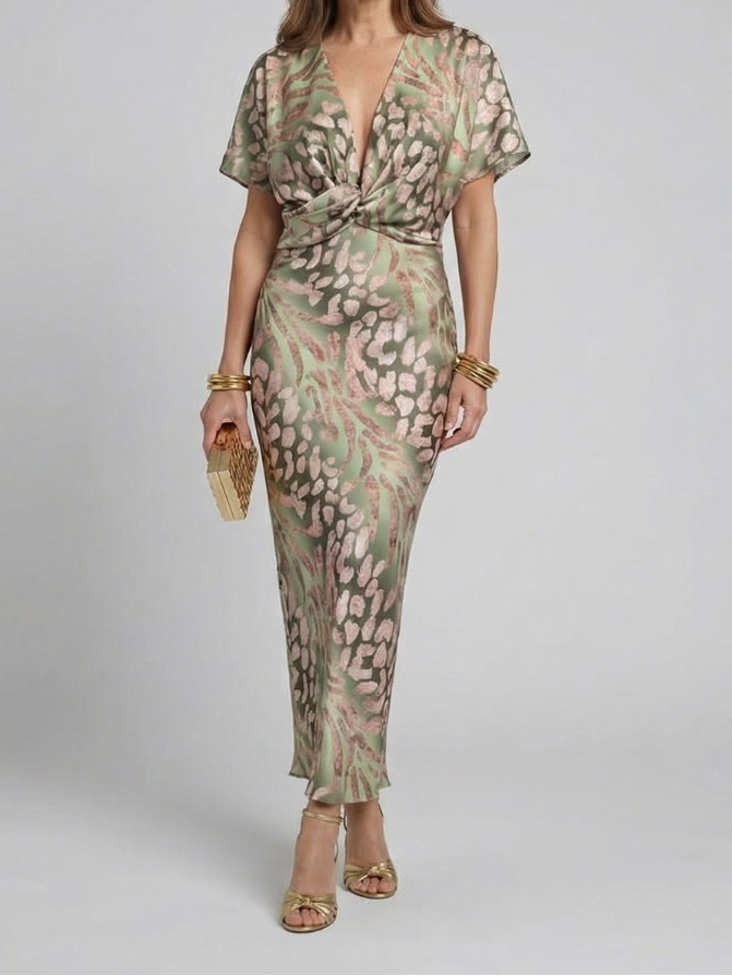 Coralie | Robe Midi à Imprimé Abstrait avec Décolleté en V et Taille Torsadée