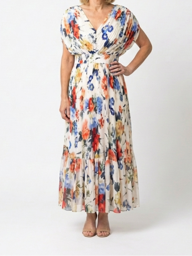 Savannah | Robe Midi Fleurie Plissée à Manches Courtes