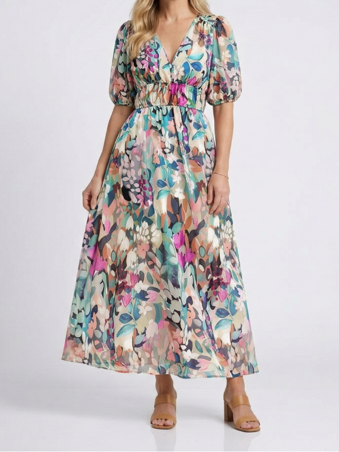 Eulalie | Robe midi à manches courtes et taille froncée en V