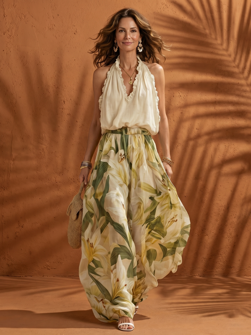 Solange | Ensemble Blouse à Col Halter et Pantalon Large à Imprimé Floral