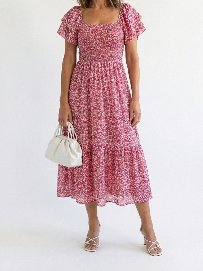 Odette | Robe Midi à Fleurs à Bretelles Dénudées