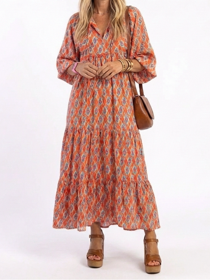 Amara | Robe Midi à Imprimé Géométrique avec Décolleté en V