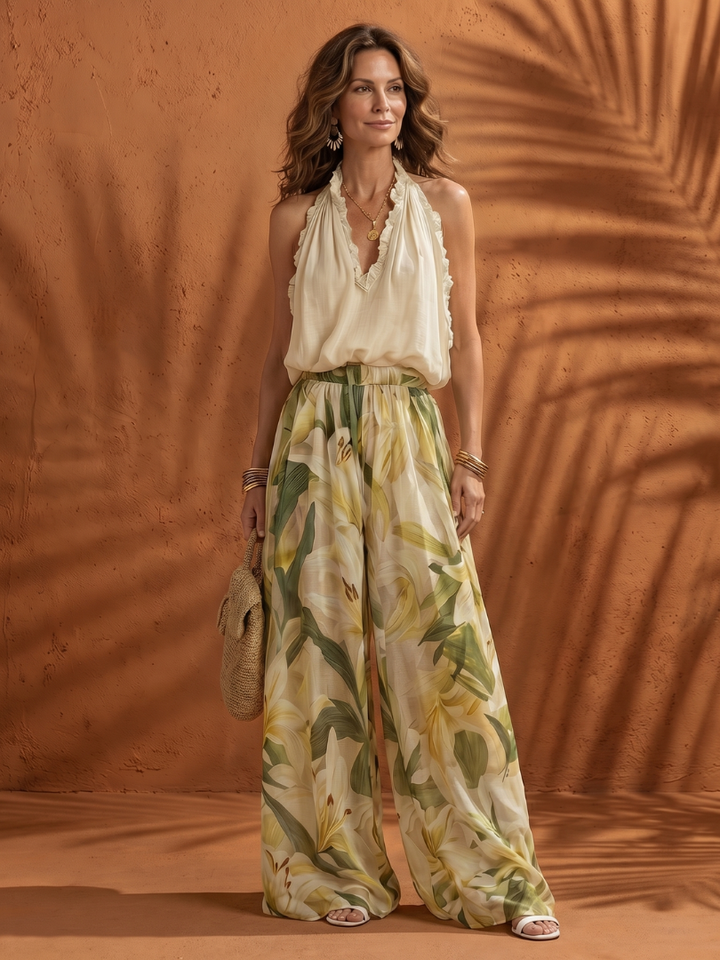 Solange | Ensemble Blouse à Col Halter et Pantalon Large à Imprimé Floral