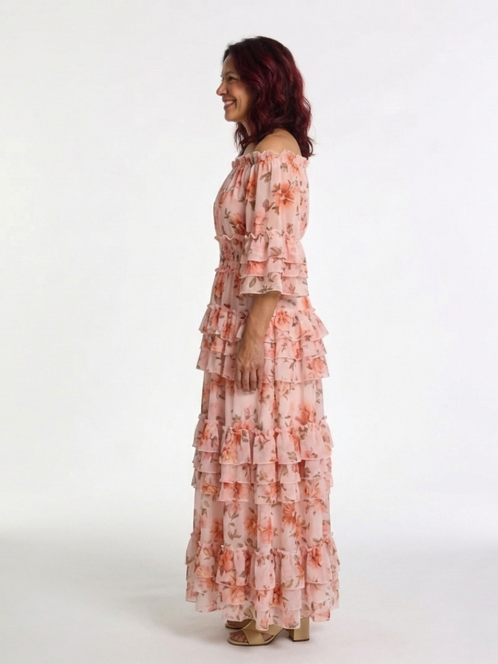 Rosalie | Robe Maxi à Volants Florale à Épaules Dénudées