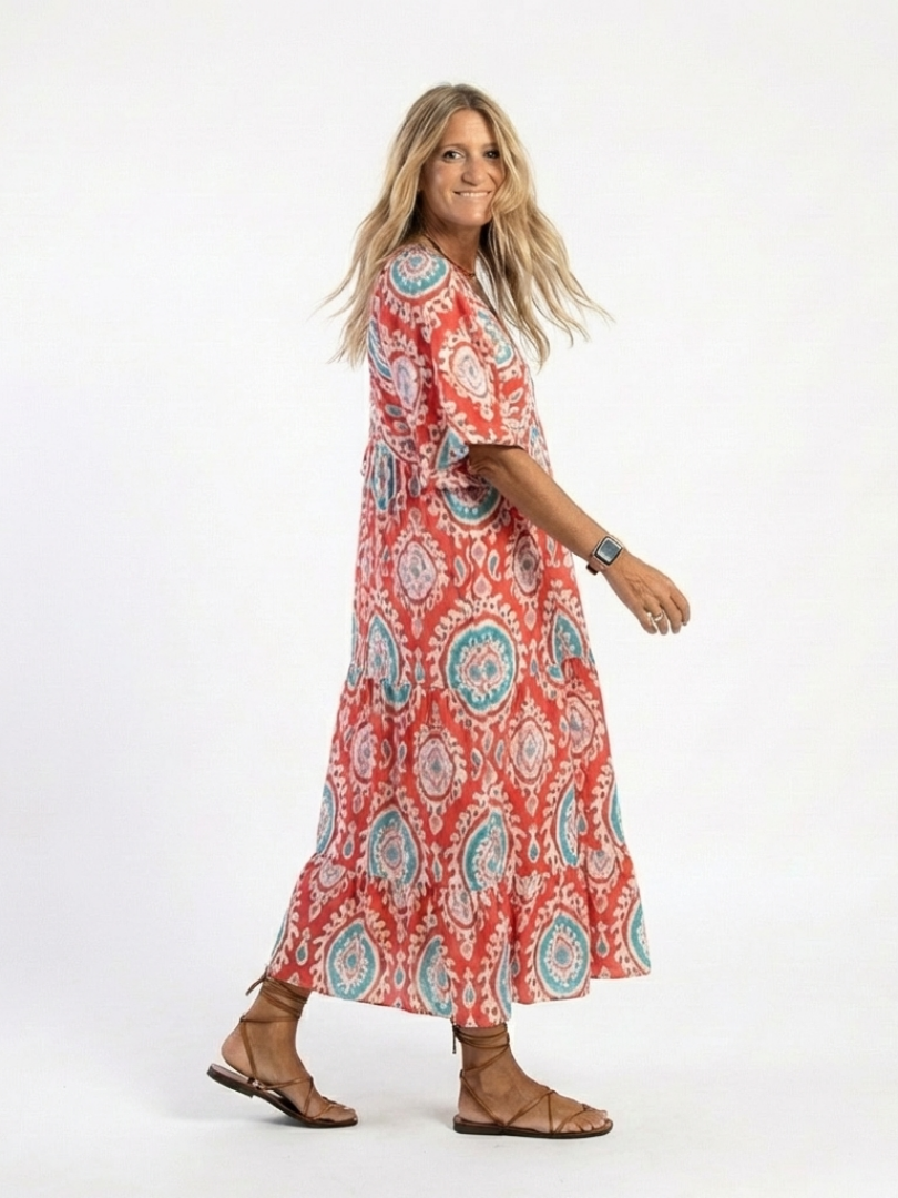 Zaria | Robe midi à manches courtes en V imprimé paisley