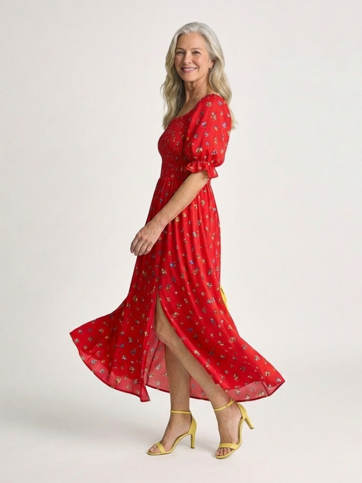 Delphine | Robe Midi à Encolure Carrée et Manches Bouffantes Fleurie