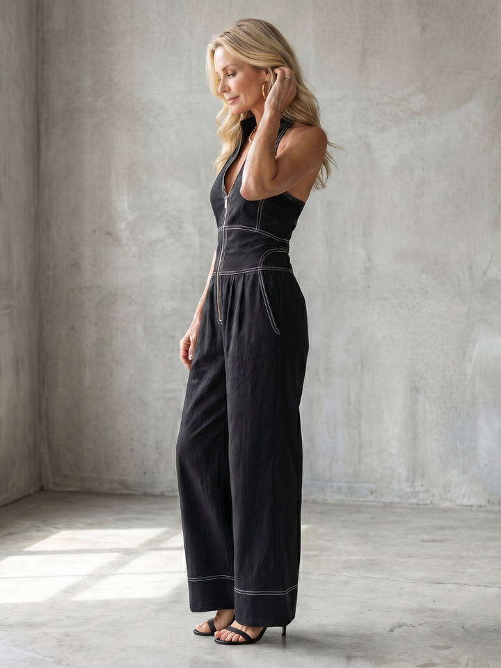 Dara | Combinaison à zip avant avec surpiqûres contrastantes et jambes larges