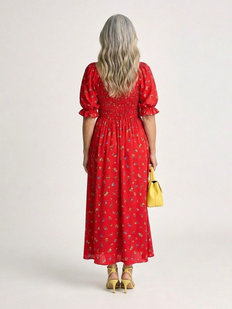 Delphine | Robe Midi à Encolure Carrée et Manches Bouffantes Fleurie