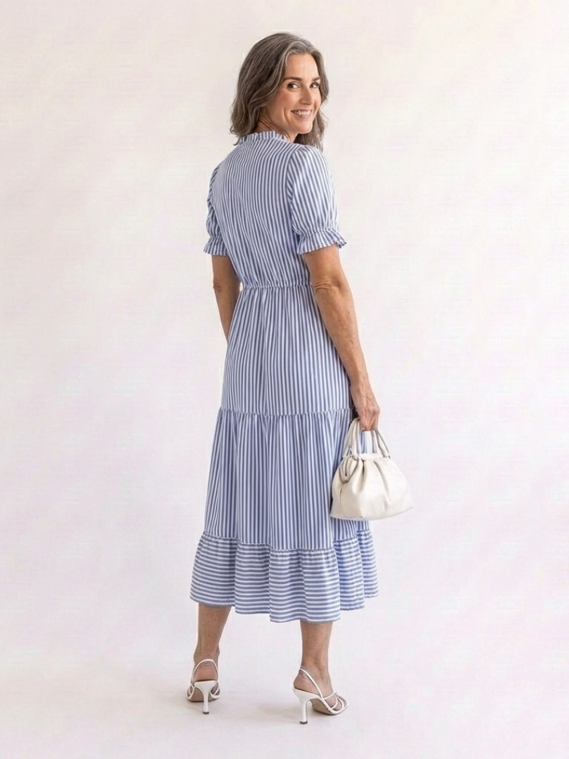 Dakota | Robe midi à manches courtes rayée à volants