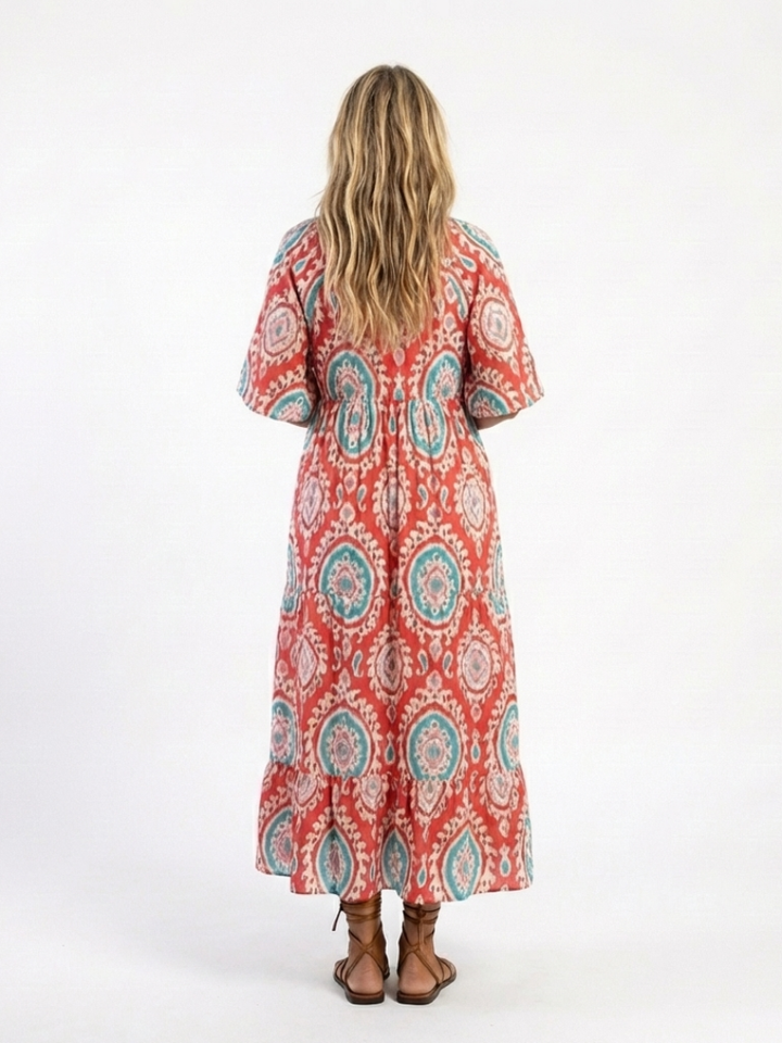 Zaria | Robe midi à manches courtes en V imprimé paisley
