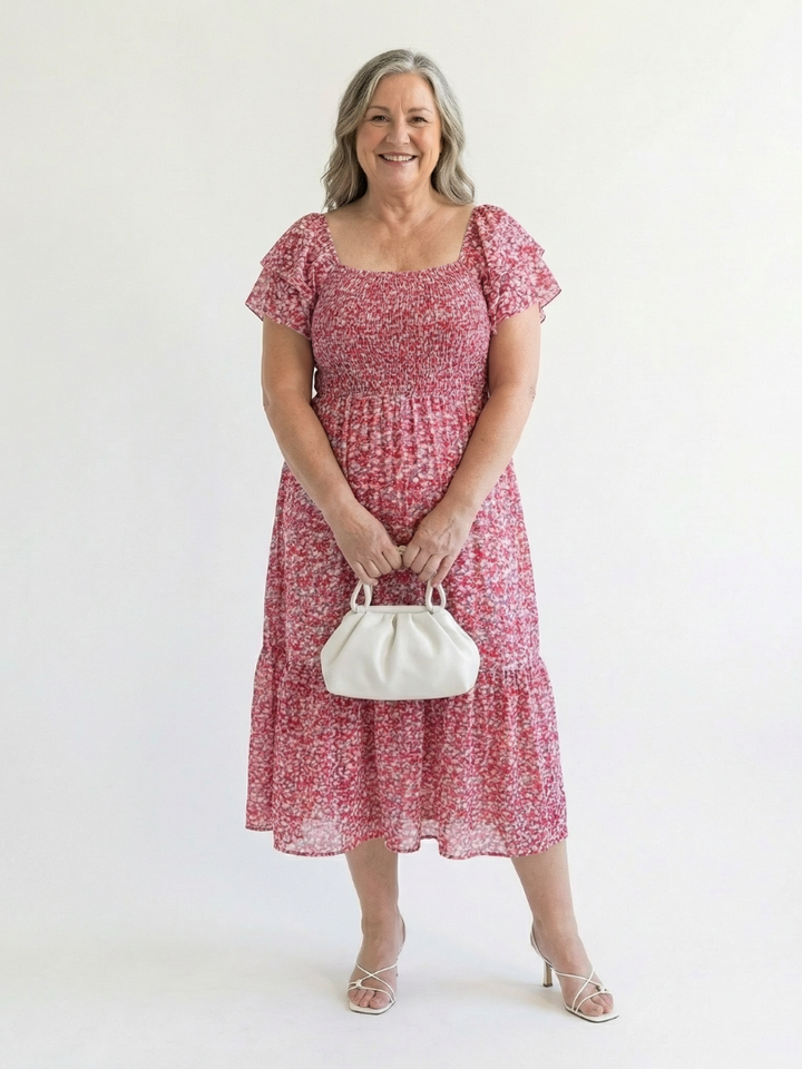 Odette | Robe Midi à Fleurs à Bretelles Dénudées