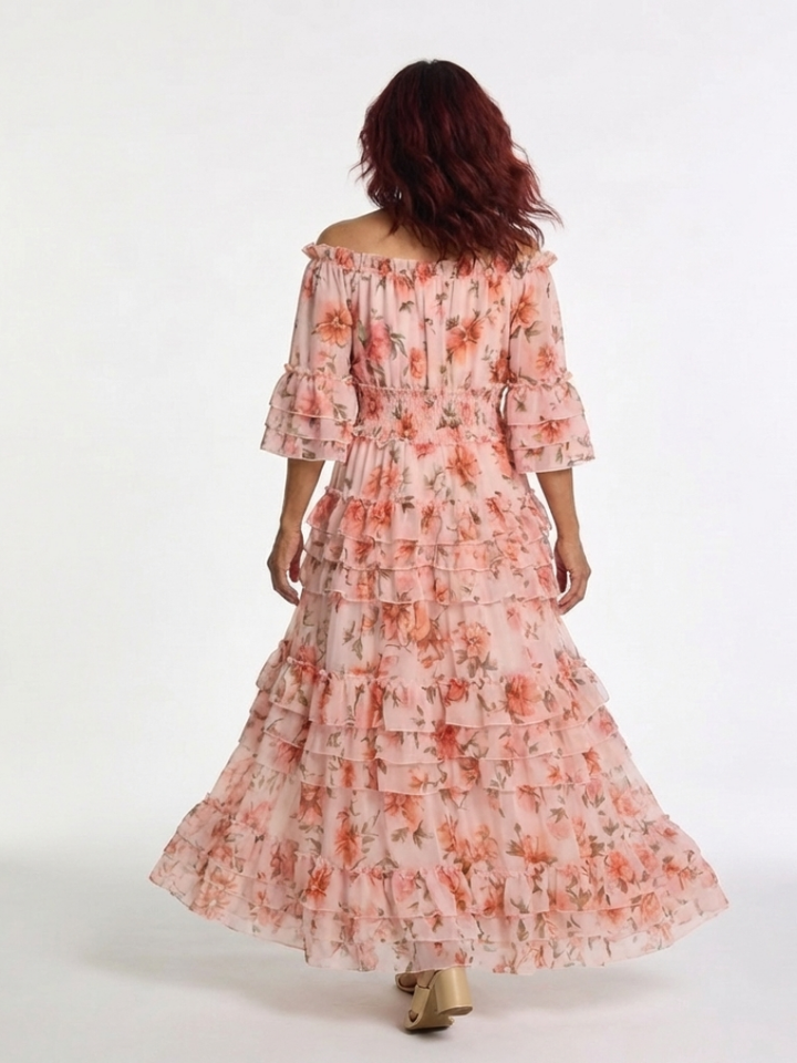 Rosalie | Robe Maxi à Volants Florale à Épaules Dénudées