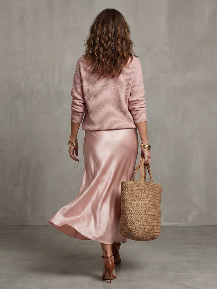 Luciana | Ensemble jupe satin biais et pull en maille