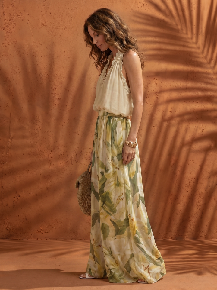 Solange | Ensemble Blouse à Col Halter et Pantalon Large à Imprimé Floral
