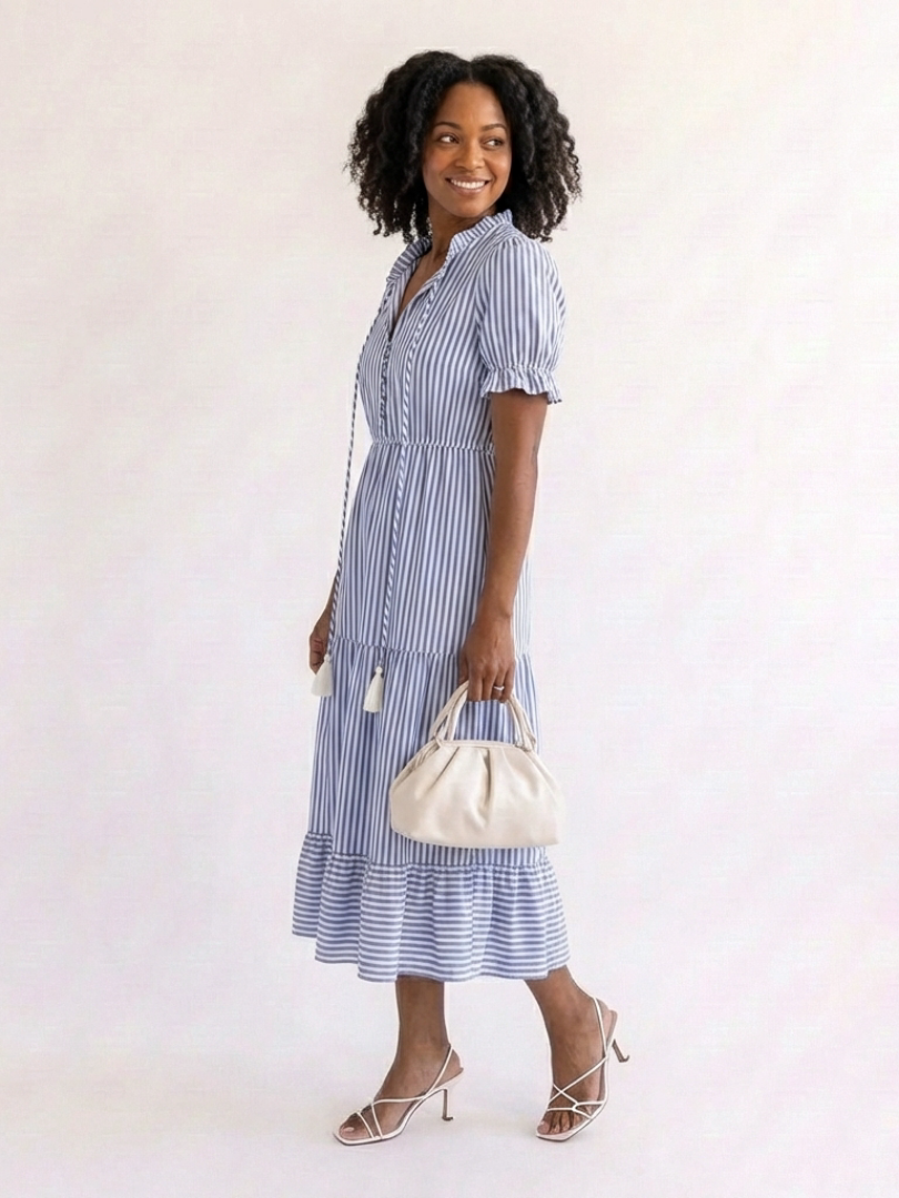 Dakota | Robe midi à manches courtes rayée à volants
