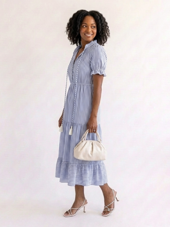 Dakota | Robe midi à manches courtes rayée à volants