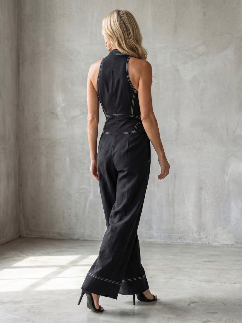 Dara | Combinaison à zip avant avec surpiqûres contrastantes et jambes larges