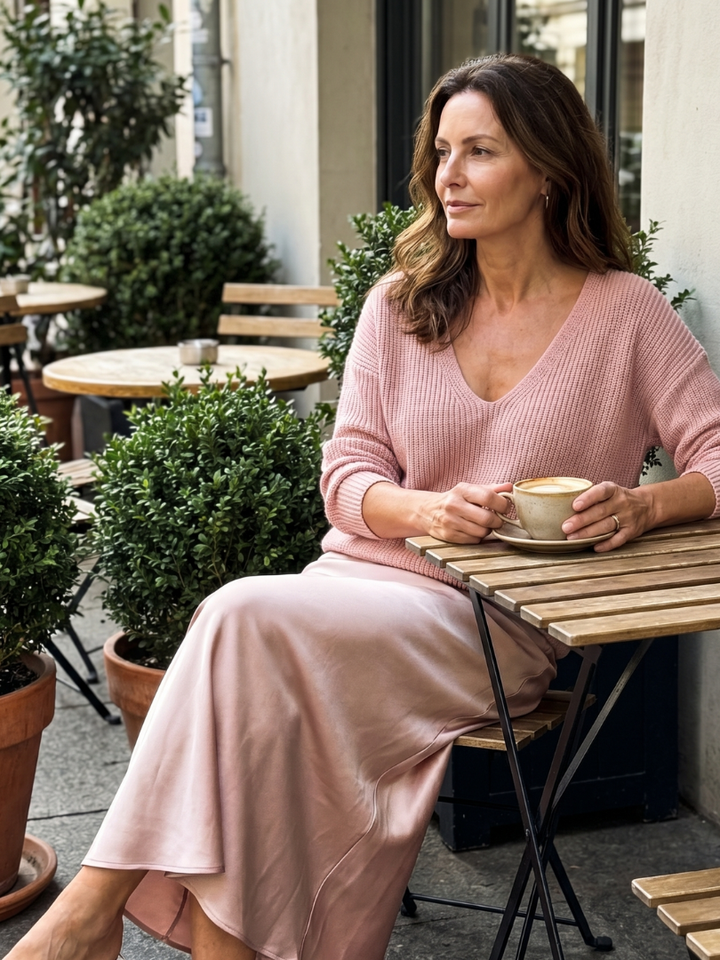 Luciana | Ensemble jupe satin biais et pull en maille