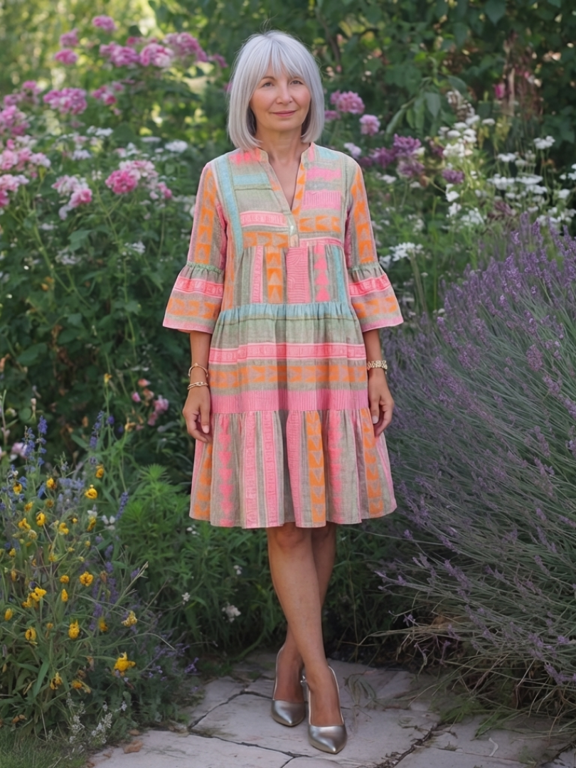 Maelle | Robe à Imprimé Géométrique avec Décolleté en V et Jupe Évasée à Longueur Genou