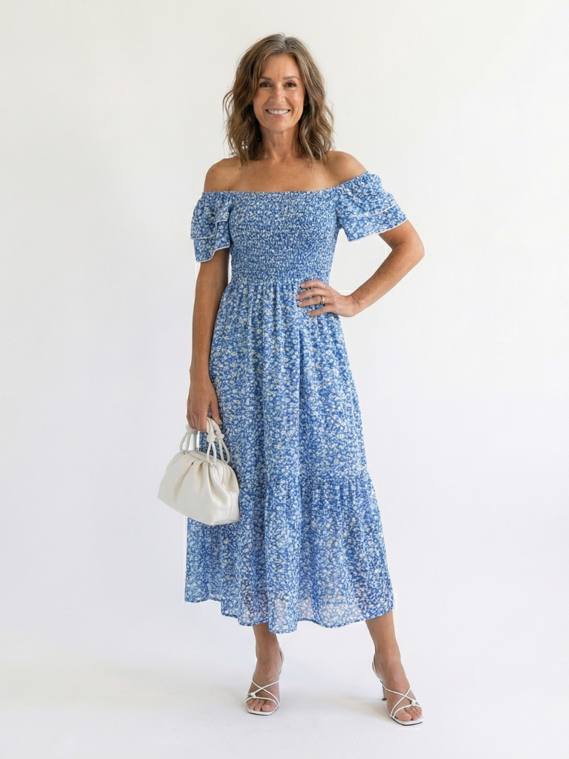 Odette | Robe Midi à Fleurs à Bretelles Dénudées