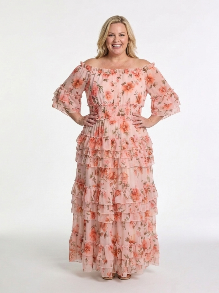 Rosalie | Robe Maxi à Volants Florale à Épaules Dénudées