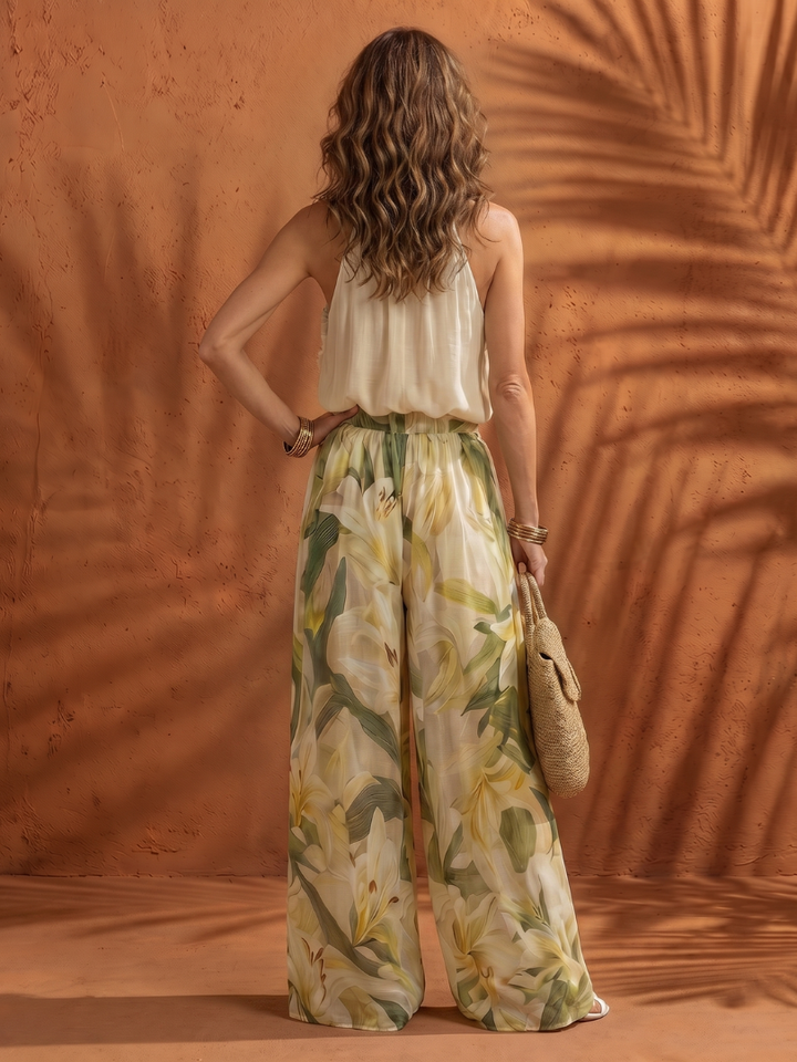 Solange | Ensemble Blouse à Col Halter et Pantalon Large à Imprimé Floral