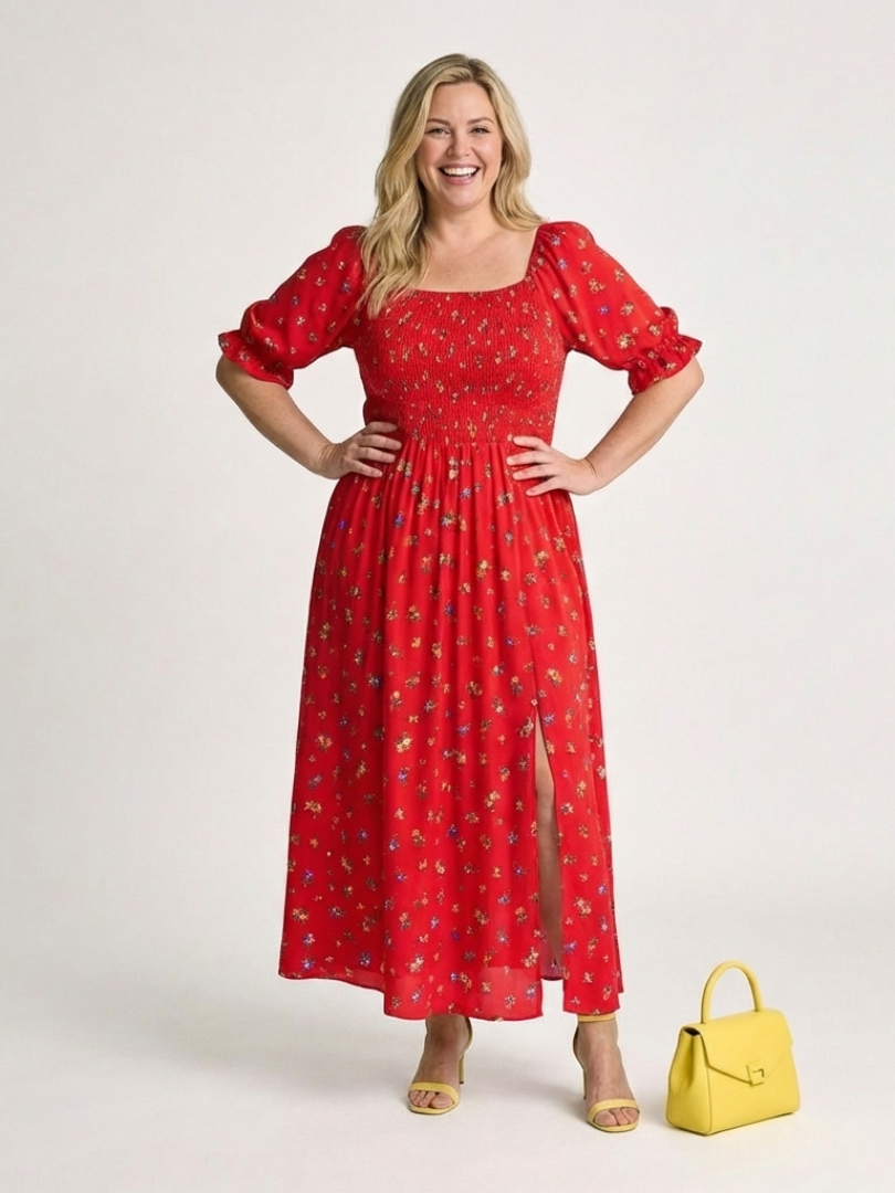 Delphine | Robe Midi à Encolure Carrée et Manches Bouffantes Fleurie
