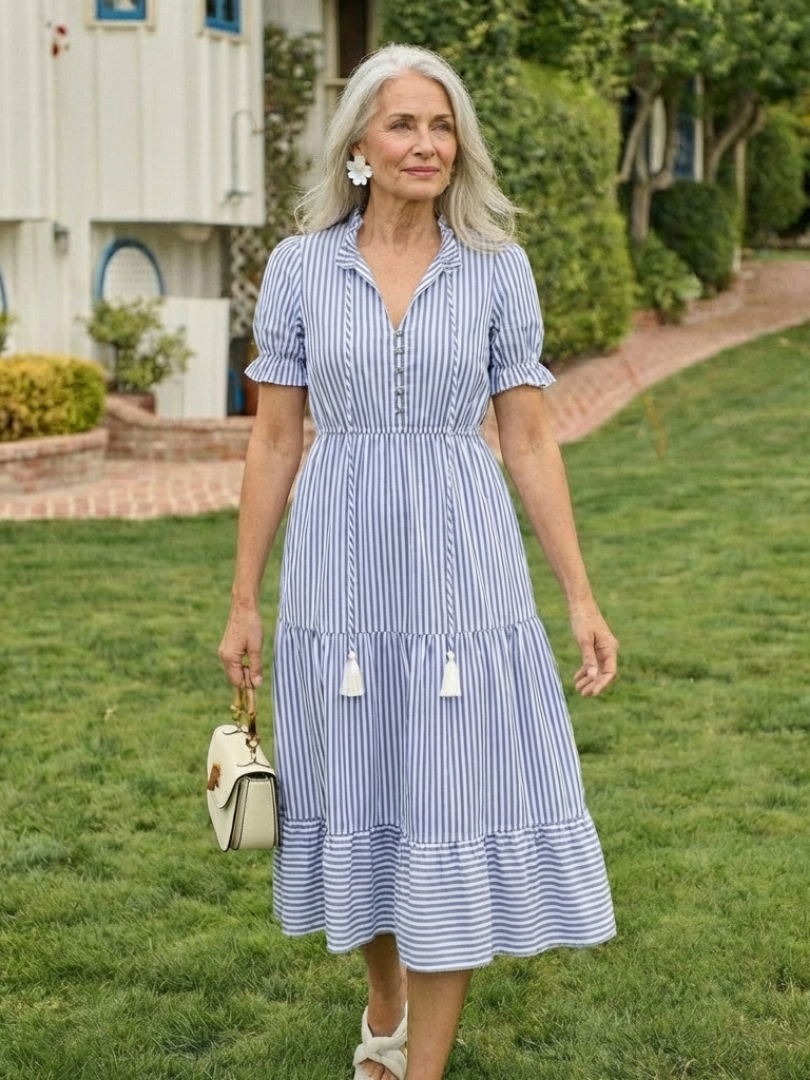 Dakota | Robe midi à manches courtes rayée à volants
