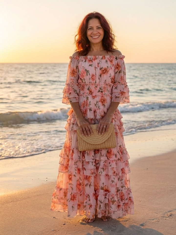 Rosalie | Robe Maxi à Volants Florale à Épaules Dénudées