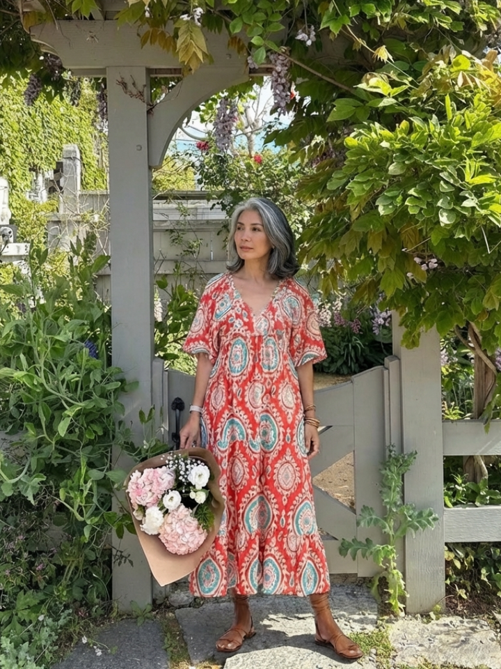 Zaria | Robe midi à manches courtes en V imprimé paisley
