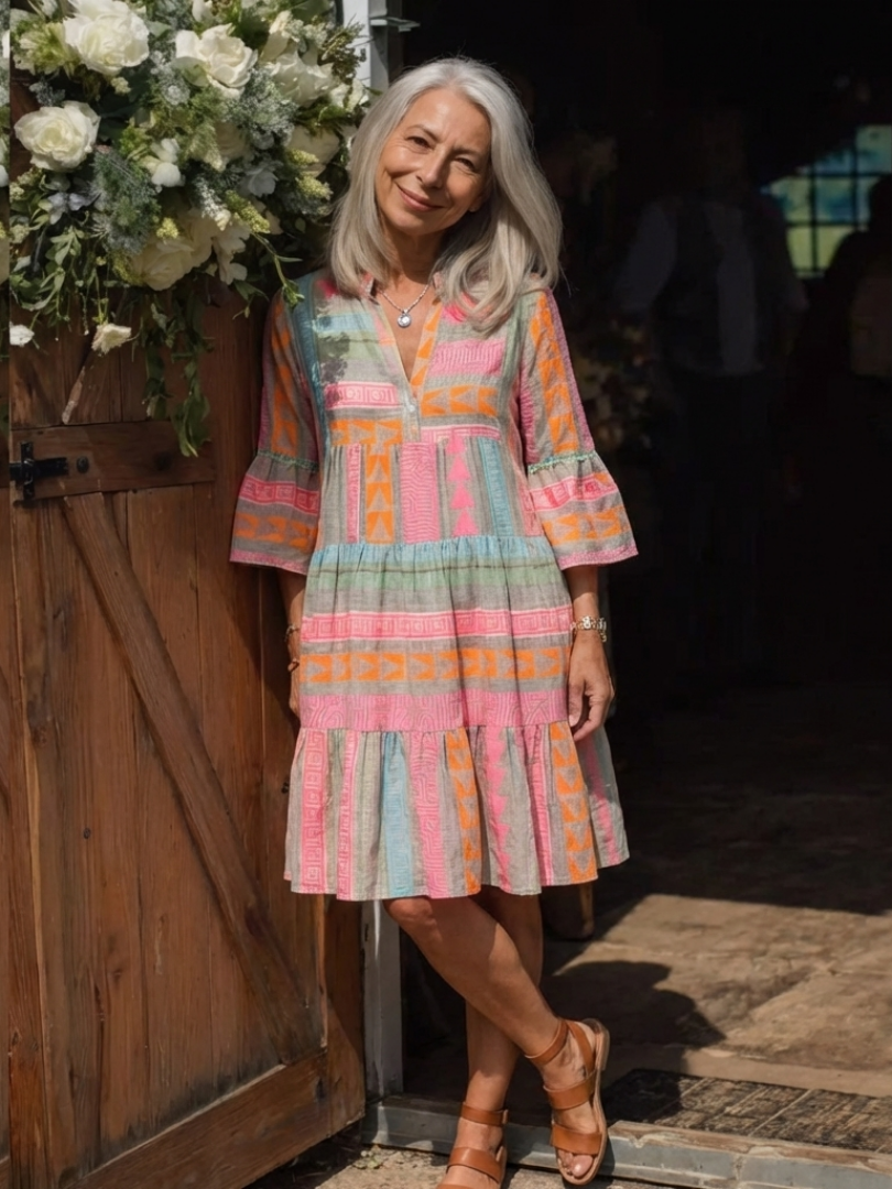 Maelle | Robe à Imprimé Géométrique avec Décolleté en V et Jupe Évasée à Longueur Genou