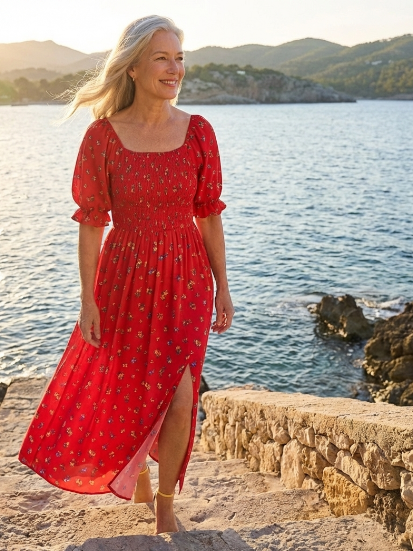Delphine | Robe Midi à Encolure Carrée et Manches Bouffantes Fleurie