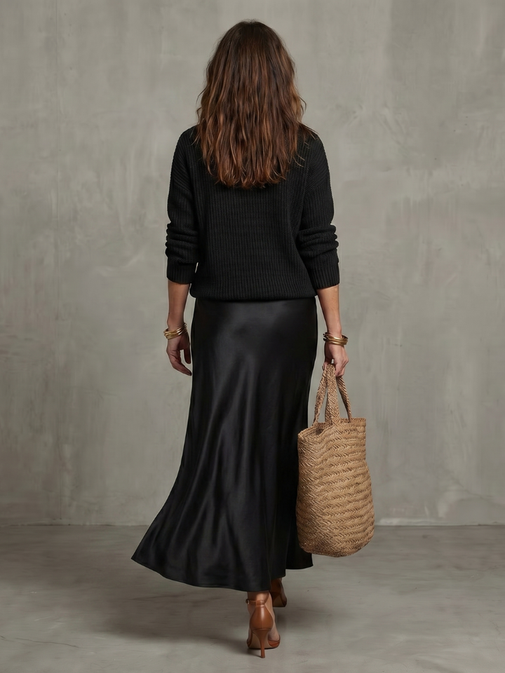 Luciana | Ensemble jupe satin biais et pull en maille