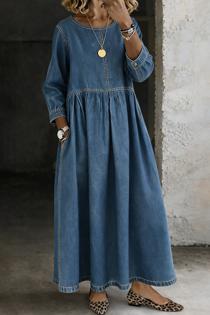 Melissa | Robe en Denim à Col Rond à Manches Longues