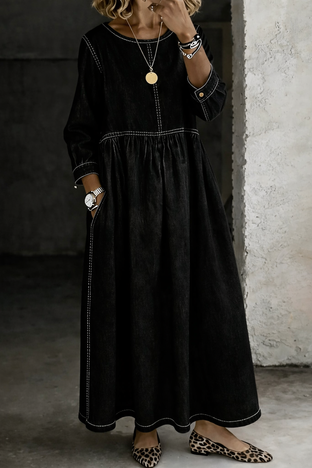 Melissa | Robe en Denim à Col Rond à Manches Longues