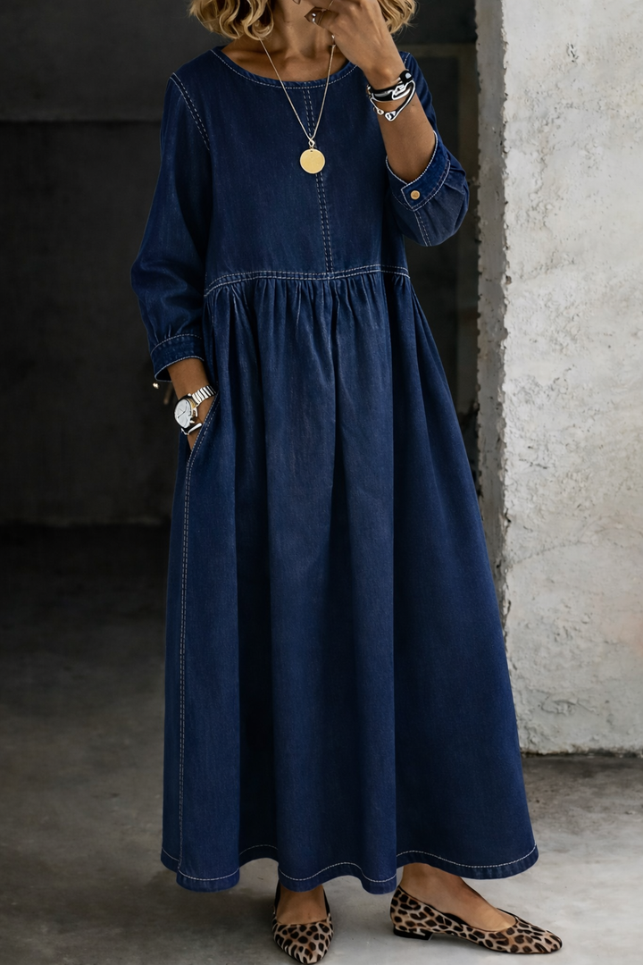 Melissa | Robe en Denim à Col Rond à Manches Longues