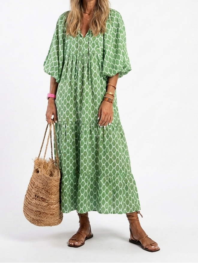Apolline | Robe midi à manches trois-quarts et décolleté en V à motifs