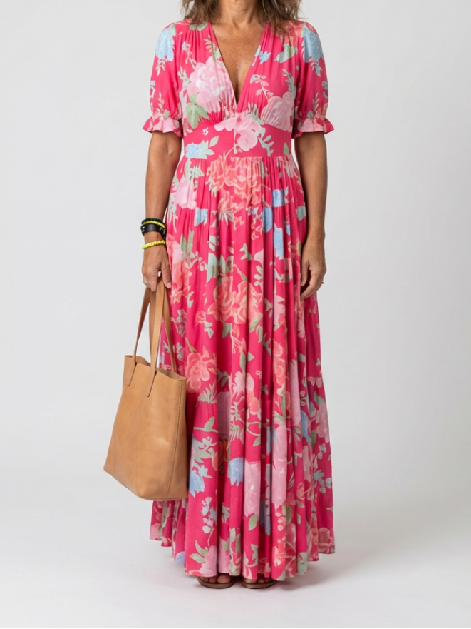 Ione | Robe Midi Fleurie à Manches Courtes et Col V